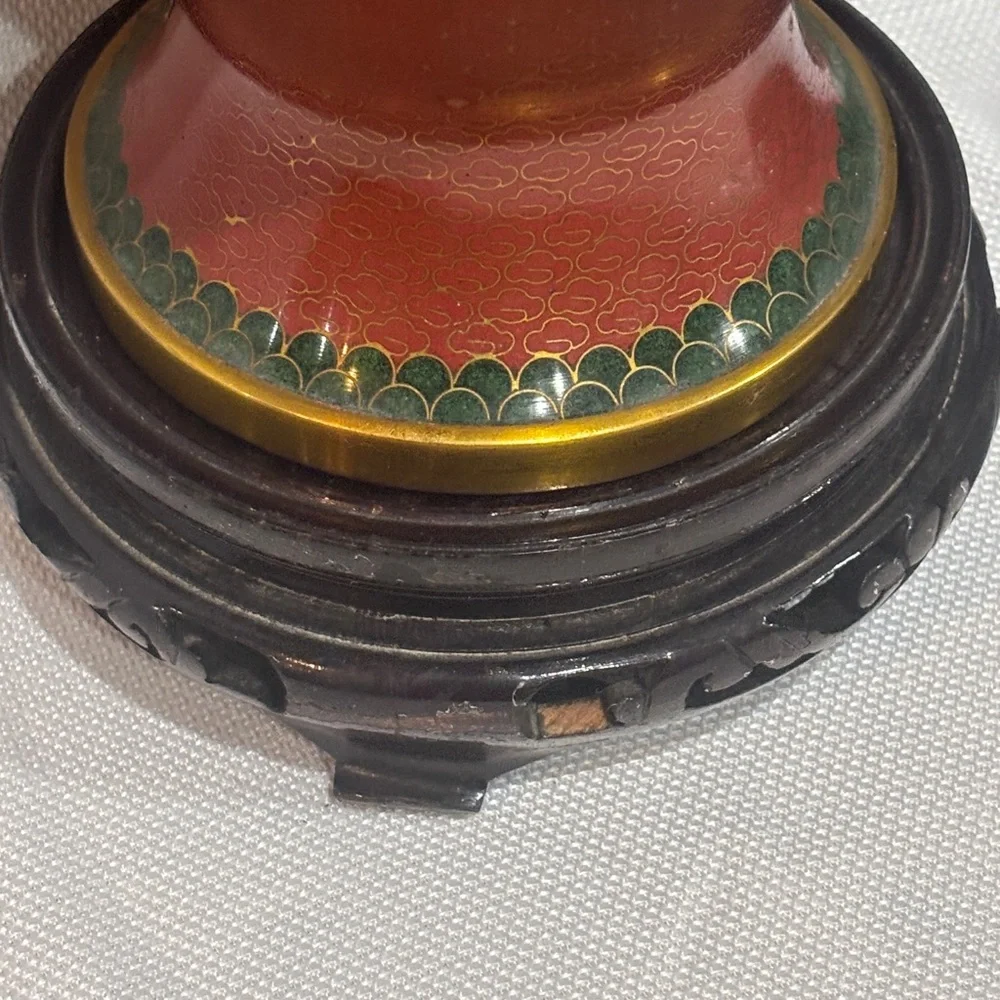 Pair of Vintage Chinese Cloisonné Vases – Red Floral Enamel Brass – 11” Tall w/ - Picture 4 of 15